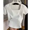 Camisa de Verano Nuevo Estilo Cuello Cuadrado, Hombros Rectos, Manga Corta, Color Sólido, Dobladillo Curvo, Corte Ajustado, Top Corto Básico