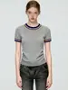 Camiseta Listrada de Manga Curta com Gola Redonda Color-Blocked Minimalista Estilo Francês para Mulheres, Verão Elegante Estilo Executivo Malha Slim Fit