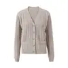 Cardigan de Punto Retorcido con Bolsillo, Cuello en V, Color Sólido, Corte Holgado, Pequeño Logo Bordado para Mujer, Otoño Temprano 2026