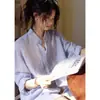 Camisa de Linho Azul Listrada Estilo Francês com Proteção Solar para Mulheres, Peça de Meia-Estação com Design Elegante, Jaqueta Camisa de Manga Longa com Bordado