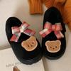 Zapatos de Mujer Mary Jane Redondos Retro con Oso y Lazo, Cierre de Velcro y Forro de Felpa, Zapatos de Algodón Retro Modernos
