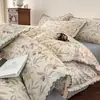 Juego de ropa de cama de cuatro piezas estilo vintage francés, 100% algodón y lino, funda de edredón de encaje de algodón puro, juego de tres piezas de sábana para dormitorio, sábana bajera