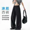 Calça Casual Masculina de Verão Fina Tendência Listrada de Seda de Gelo com Caimento Solto Reta Perna Larga Estilo Old Money