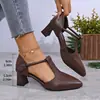 Sapatos femininos plus size transfronteiriços, estilo francês, nova coleção 2026, bico fino, couro macio, bico fechado, salto grosso, sandálias romanas de corte baixo, sandálias femininas versáteis