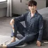 Pijama Masculino de Manga Longa Primavera e Outono Cardigã com Lapela Casual Imitação de Algodão Pode Ser Usado Fora Conjunto Simples de Roupas para Casa