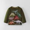 Camiseta de Manga Larga para Niños 2025 Otoño e Invierno Nueva Estilo Europeo y Americano con Estampado Luminoso de Dinosaurio de Dibujos Animados Top de Cuello Redondo para Niños