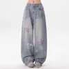 Diversão Transfronteiriça Desenho Animado Estilo Americano 2025 Bordado Retrô Jeans de Perna Larga Outono Amazon Novo Calças Largas