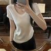 Foto Real de Verão 2025 Estilo Coreano Elegante Gola U Efeito Emagrecedor Simples e Versátil 6 Malha de Lã Camiseta de Manga Curta Top Feminino