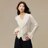 Cárdigan de Acetato y Lana Francés para Mujer con Volantes, Cuello en V, Tejido Hueco, Suéter de Principios de Otoño, Corte Delgado, Capa Interior, Suéter Superior para Mujer