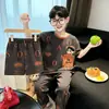 Nuevo Estilo Conjunto de Pijama de Verano para Niños con Mangas Cortas y Pantalones Largos, Ropa de Casa tipo Algodón para Niños Grandes, Conjunto Delgado de Tres Piezas para Niños