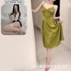 Vestido retro verde estilo francés con espalda casual atada, falda sexy con una textura de alta calidad para usar en casa