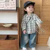 Conjunto de Camisa de Otoño para Niños, Moda Coreana Camisa a Cuadros para Bebés, Pantalones de Mezclilla Versátiles y Modernos para Primavera y Otoño