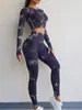 Ropa de yoga tie-dye europea y americana para otoño e invierno, pantalones deportivos ajustados para levantar glúteos, traje de yoga transpirable de manga larga para exteriores, para mujer