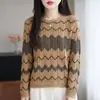 Elegante suéter de punto a rayas onduladas para mujer, de manga larga, cuello redondo, top versátil, nueva colección primavera/otoño, suéter fino de punto fino como capa base