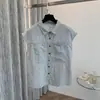 Cardigan Camisa Sem Manga Gola Colarinho Cinza Claro Algodão Linho Feminino Verão Novo Estilo Petite Fashionável Elegante Top de Ráfia
