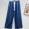 Calça de Pijama de Seda de Algodão para Mulheres, Estilo Fino para Primavera e Verão, Tamanho Grande, Caimento Solto, Calça de Perna Larga de Algodão Artificial, Pode Ser Usada Fora de Casa, Versátil, Cintura Alta, Leve