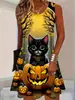 Vestido sin mangas con estampado de rosas y murciélagos de Halloween, estilo tinta oscura, minivestido tipo tank top de corte A holgado con cuello redondo