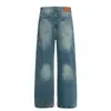 L831 Estilo High Street Americano Unisex Gama Alta Azul Lavado Remache Diseño Metálico Jeans Rectos Holgados para Hombre