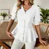 Nueva Ropa de Verano Transfronteriza Europea Americana TK para Mujer Camisa Temperamento Cuello en V Manga Corta Abullonada Color Sólido Corte Delgado Top Favorecedor
