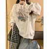 Moletom sem capuz estilo americano, chic e descontraído, para mulheres, adequado para primavera e outono, fino e oversized, peça externa de caimento solto, top de gola redonda, ideal para baixinhas