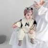 Primavera e Outono Novo Leite Cool Little Oppa Manga Longa Moda Camada Única Meninos e Meninas Bebê Net Red Estilo Coreano Macacão Roupas de Rastejar