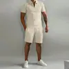 Traje Deportivo y de Ocio de Verano para Hombre Transfronterizo Solapa Color Sólido Nuevo Solapa Cremallera Delgado Manga Corta Conjunto de Dos Piezas
