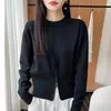 Elegante suéter de punto con cremallera y cuello redondo para mujer, corte relajado, longitud corta, mangas largas, con una abertura, elegante prenda básica tipo pullover
