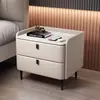 Mesita de noche, madera maciza con tapa de losa de roca, estilo de lujo ligero, almacenamiento de cuero, mueble de almacenamiento de alta gama para uso doméstico, diseño simple y moderno