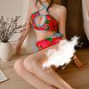 Conjunto de Falda Corta Sexy de Lencería con Cuello Halter y Cordones Estampado Floral del Noreste Tentación Hueca Revela Cadera Sin Quitar Fenda Alta 5257