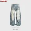 Calça Jeans Larga Azul Mijko Unissex para Homens e Mulheres Corte Faca Desgastada Longa Silhueta Lavada Vários Tamanhos