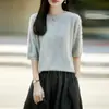 Novo estilo de outono inicial gola redonda malha de lã escovada manga curta feminina soltinho cor sólida pulôver com meia-manga para usar em camadas