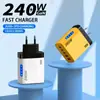 Cargador Multipuerto Transfronterizo de 240W con Luz, 3 Puertos PD + Doble USB, Estándares de EE. UU. y Europeos, Adecuado para Cabezales de Carga Apple y Huawei
