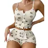 Nuevo Conjunto de Pijama Sexy de Costilla con Estampado de Pestañas en Forma de Corazón, Moda Europea y Americana de Venta Caliente para Mujer