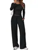 Amazon 2026 Novo Conjunto Casual de Moda Cruzada Europeia e Americana Esportivo Yoga Outono Inverno Cor Sólida Gola Redonda Manga Longa Roupa Feminina