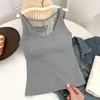 Popular Top de Algodón Puro Estilo Coreano, Largo, Versátil, Ajustado, con Almohadillas en el Pecho, Camisola para Mujer con Espalda Descubierta de Encaje