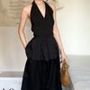 Camiseta Negra sin Mangas con Cuello en V Estilo Francés para Mujer Verano Temperamento de Alta Gama Cintura Ajustada Encaje con Espalda Descubierta Traje