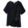100kg Talla Grande Verano Nuevo Elegante Diseño Casual Camiseta de Manga Corta Irregular con Cuentas para Chicas Talla Grande 9954