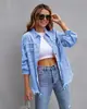 Jaqueta Jeans Nova Europeia e Americana Transfronteiriça para Mulheres Cor Sólida Jaqueta Solta Rasgada Manga Longa Camisa Jeans Feminina