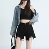 Shorts de Mezclilla Negros de Cintura Alta para Mujer Verano Delgados 2025 Nuevos Holgados Aspecto Adelgazante Rasgados Pequeños de Línea A Pantalones Cortos