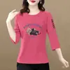 Camiseta transfronteiriça de comércio exterior, novo estilo chinês, manga três quartos para mulheres, corte solto, plus size, modeladora, blusa de meia-manga, blusa básica