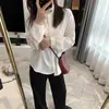 Rejuvenescedor estilo francês! Camisa elegante com gola alta franzida, peça para usar por baixo no outono de 2025, camisa de manga longa de algodão Tencel para o trabalho para mulheres