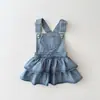 Vestido Suspensório Jeans com Coração e Babados Dupla Camada para Meninas, Verão 26, Estilo Coreano, Vestido Suspensório Bolo Fashion e Fofo para Bebês