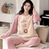 Pijamas Nuevos de Otoño e Invierno para Mujer, Franela Engrosada, Pantalones Largos Casuales de Dibujos Animados Dulces, Ropa de Casa de Terciopelo Coral para Mujer