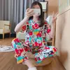 Pijama Feminino Verão Doce Fofo Fino Manga Curta Solto Casual Estudante Peça Dupla Roupa de Casa Primavera e Verão Conjunto para Casa