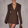 Otoño 2026 Nuevo Vestido de Moda Estilo Europeo y Americano Color Sólido Sexy Cuello en V Profundo Casual Ajustado Traje Vestido de Manga Larga