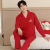 Pijamas para Recém-Casados Masculinos, Estilo Primavera/Outono, Algodão Puro, Estilo Cardigan, Gola Lapela, Manga Longa, Festivo, Ano do Rato Conjunto Casual para Casa Masculino