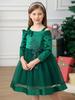 Nuevo Vestido Navideño para Niñas Transfronterizo Vestido Infantil con Lazo Vestido Verde de un Solo Hombro