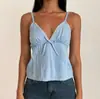 Camisola Informal para Niña Estilo Coreano con Tirantes Finos y Adorno de Encaje, Cuello en V, Cintura Fruncida con Lazo, Top Corto Plisado