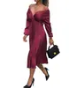 En stock Vestido Cruzado para Mujer de Manga Larga con Cuello en V Plisado de Color Sólido Simple Moda