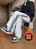 Pantalones largos casuales rectos a rayas estilo americano para hombre, otoño e invierno, forrados de polar, modernos, retro, holgados, de pierna ancha, pants deportivos